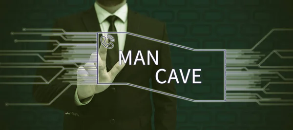 Conceptual display Man Cave, Concept meaning a room, space or area of a dwelling reserved for a male person