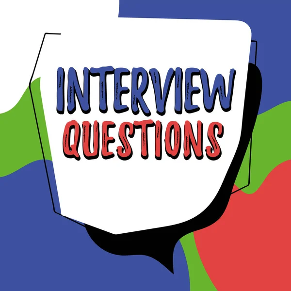 インタビューの質問 ビジネスショーケースの表示にサインするインタビュー中に質問や問い合わせを受ける典型的なトピック — ストック写真