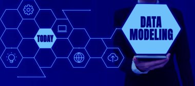 İlham kaynağı Data Modellemeyi gösteren metin, veri depolama sistemleri arasında veri transferi sürecinin kavramını gösterir
