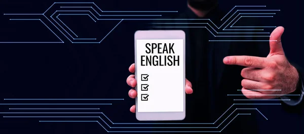 Señal Que Muestra Hablar Inglés Negocios Escaparate Estudiar Otra Lengua —  Fotos de Stock