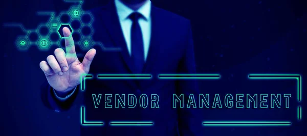 Inspiration Showing Sign Vendor Management Business Approach Activities Included Researching — Stock Photo, Image