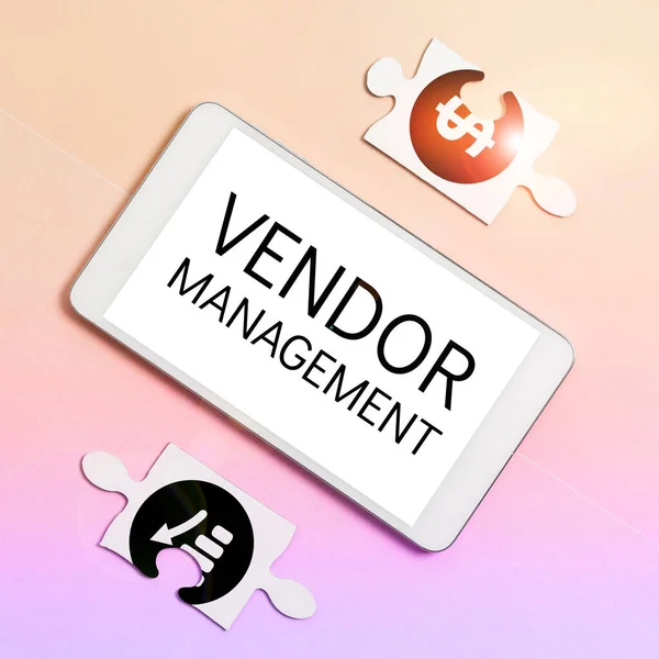 Hand Writing Sign Vendor Management Internet Concept Activities Included Researching — Stock Photo, Image