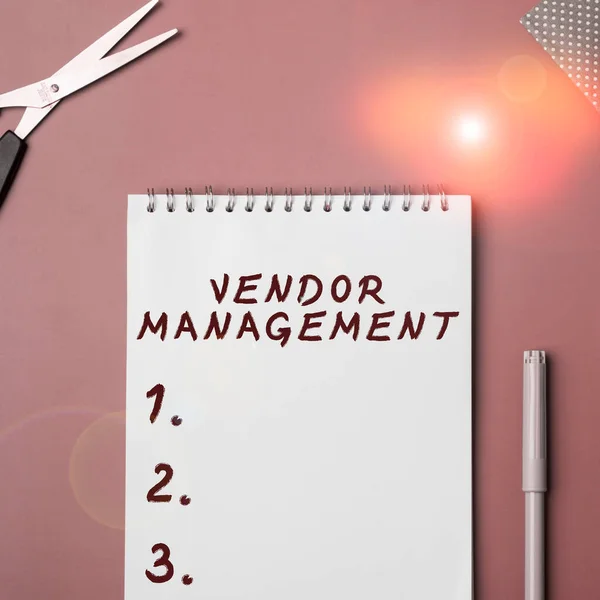 Sign Displaying Vendor Management Word Activities Included Researching Sourcing Vendors — Stock Photo, Image