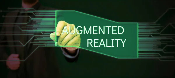 Pisanie Tekstu Augmented Reality Concept Oznacza Technologię Która Nakłada Obraz — Zdjęcie stockowe