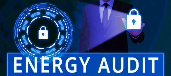 Szöveges Felirat Amely Bemutatja Energiaauditot Épületek Energiaszükségleteinek Hatékonyságának Értékelésére Szolgáló — Stock Fotó