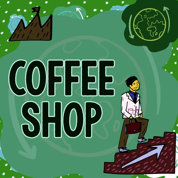 灵感展示标志咖啡店 文字关于提供咖啡和小食的非正式小餐馆 — 图库照片
