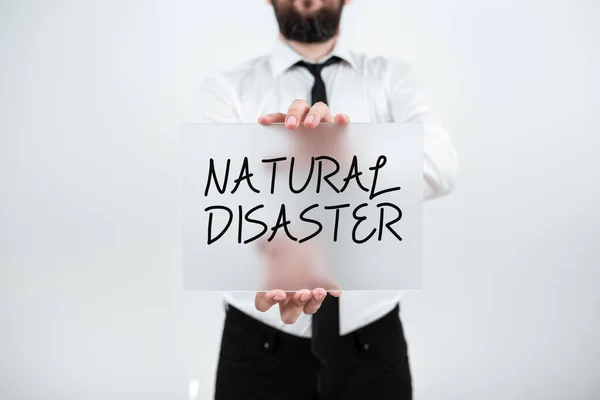 Hand Writing Sign Natural Disaster Word Written Occurring Course Nature — Stock Photo, Image