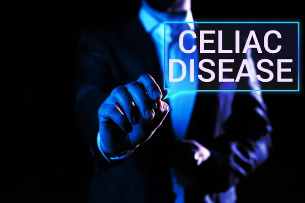 Hand writing sign Celiac Disease, Business showcase Small intestine is hypersensitive to gluten Digestion problem
