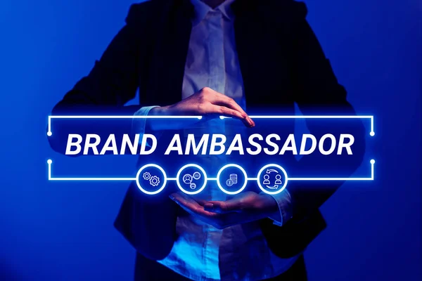 Sign Exibindo Brand Ambassador Concept Significando Agente Credenciado Como Representante — Fotografia de Stock