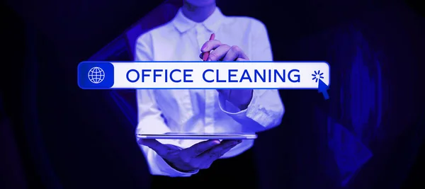 Ofis Temizliğini Gösteren Metin Ofis Binasını Temizleme Işlemi Eylemi Için — Stok fotoğraf