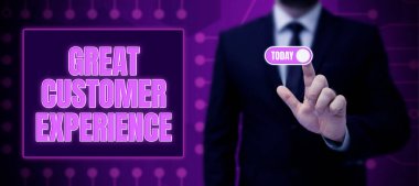 Kavramsal başlık Büyük Müşteri Tecrübesi, kavramsal fotoğraf müşterilere dostça yardımsever bir şekilde cevap veriyor.