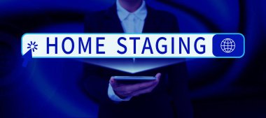 Metin gösterimi, ev sahneleme, emlak piyasasında satılık özel bir konutun iş genel görünümü hazırlığı