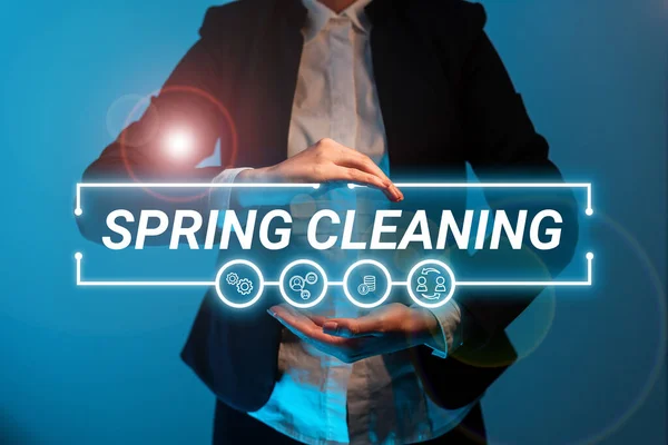 春の清掃を紹介するテキストキャプション ビジネスショーケース春の徹底的な清掃家の練習 — ストック写真