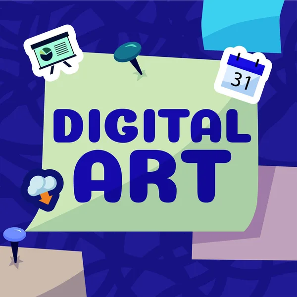 デジタルアートを提示するテキストキャプション ビジネスは コンピュータ技術によって特徴付けられるスキルと創造的な想像力の使用を披露 — ストック写真