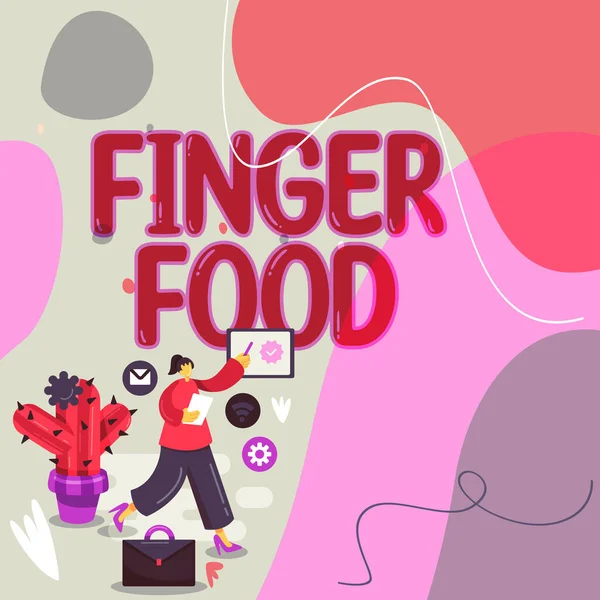 テキストを表示する書き込み フィンガーフード ビジネスコンセプト製品や食事のための指で保持することになっている食事 — ストック写真