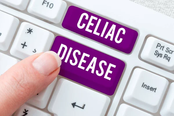Hand writing sign Celiac Disease, Word for Small intestine is hypersensitive to gluten Digestion problem