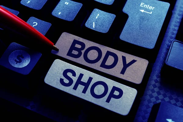 Text caption presenting Body Shop, Business overview a shop where automotive bodies are made or repaired