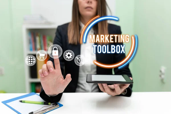 Text Zeigt Inspiration Marketing Toolbox Konzept Bedeutung Mittel Zur Förderung — Stockfoto