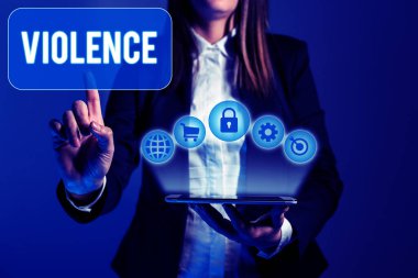 Şiddeti temsil eden metin başlığı, kavramsal fotoğraf fiziksel gücün yaralamak, taciz etmek, zarar vermek veya yok etmek için kullanılması