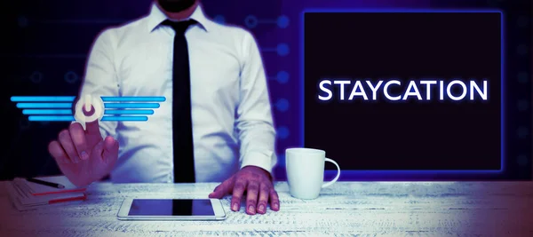 Sinal Texto Mostrando Staycation Visão Geral Negócios Umas Férias Passadas — Fotografia de Stock
