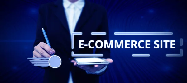 Text caption presenting E Commerce Site, Concept meaning activity of buying or selling of products on online services