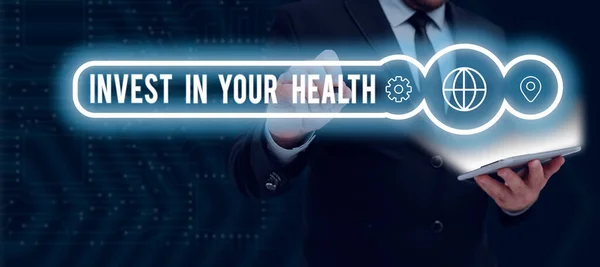 Text Bildtext Presenterar Investera Din Hälsa Affärsidé Leva Hälsosam Livsstil — Stockfoto