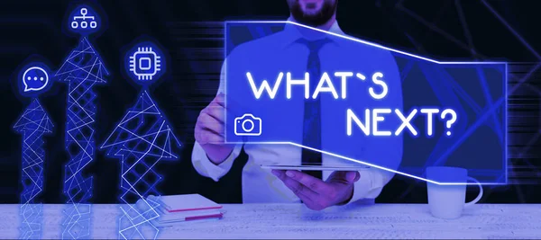 Conceptueel Bijschrift Whats Next Business Showcase Informatie Aanvragen Vraag Stellen — Stockfoto