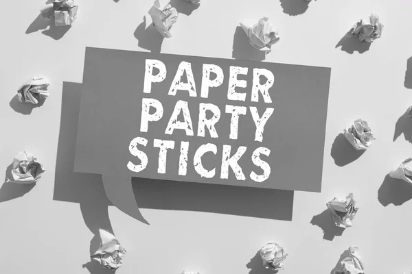 Writing displaying text Paper Party Sticks, Concept meaning hard painted paper shaped used for signs and emoji