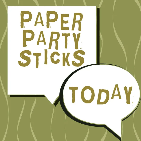 Text sign showing Paper Party Sticks, Word Written on hard painted paper shaped used for signs and emoji