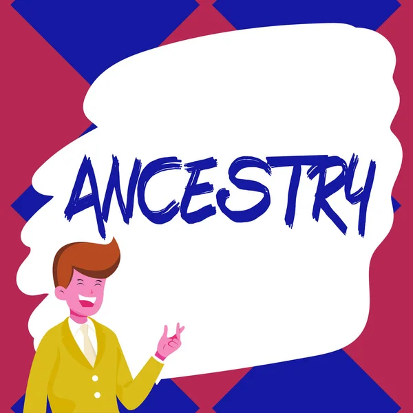 Sinal Texto Mostrando Ancestria Palavra Escrito Sobre História Processo Desenvolvimento — Fotografia de Stock