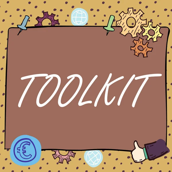 ツールキット Wordを提示するテキストキャプションバッグやボックスに保管され 特定の目的のために使用されるツールのセットに書かれています — ストック写真