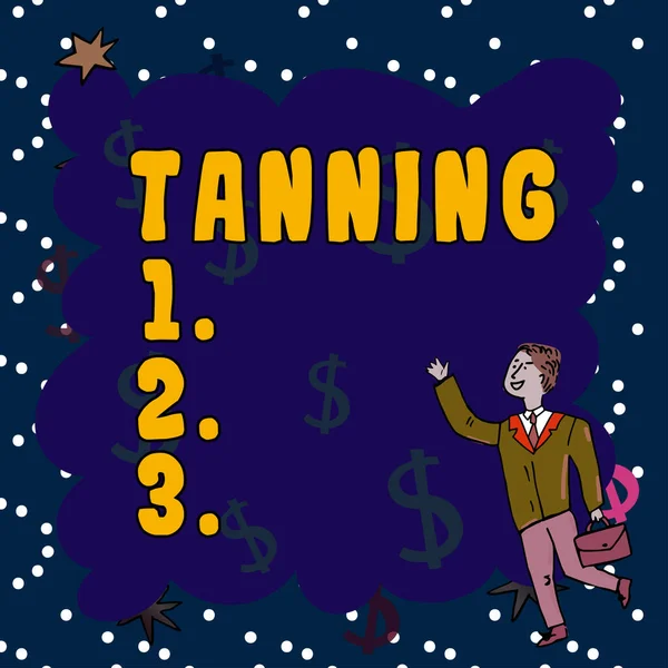 Text caption presenting Tanning, Conceptual photo a natural darkening of the scin tissues after exposure to the sun