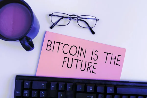 Bitcoin Future Word Kijelzése Digitális Piacra Írva Ahol Kereskedők Bitcoint — Stock Fotó