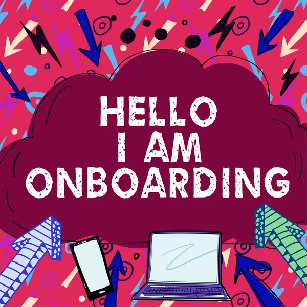 Hello Onboarding Word Written Action Process Integrating New Employee Organization — стоковое фото
