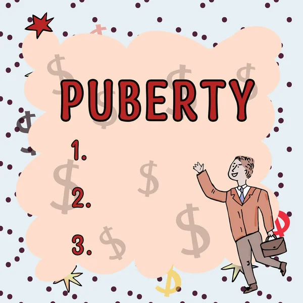 Text Caption Presenting Puberty Business Concept Period Becoming First Capable — Stock Photo, Image