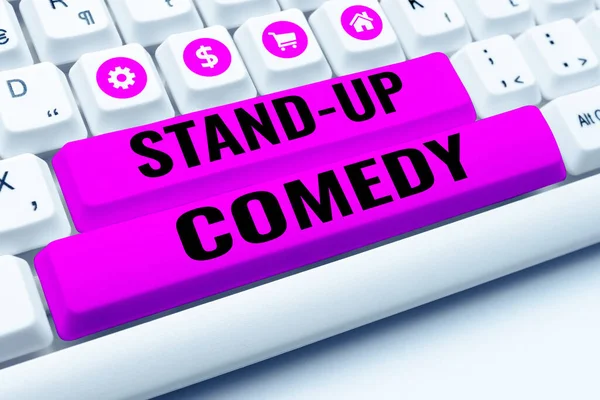 Hand writing sign Stand Up Comedy, Business concept Comedian performing speaking in front of live audience