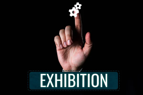 Hand writing sign Exhibition, Business overview and act of exposing something to audience, showing