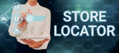 El yazısı levhası Mağaza Bulucu, adres numarasını ve çalışma saatlerini bilmek için iş genel bakışı