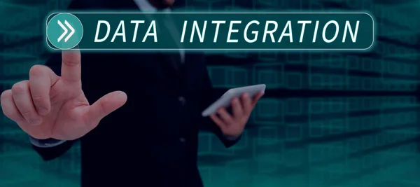 Hand writing sign Data Integration, Business approach involves combining data residing in different sources