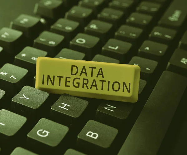 Hand writing sign Data Integration, Word Written on involves combining data residing in different sources
