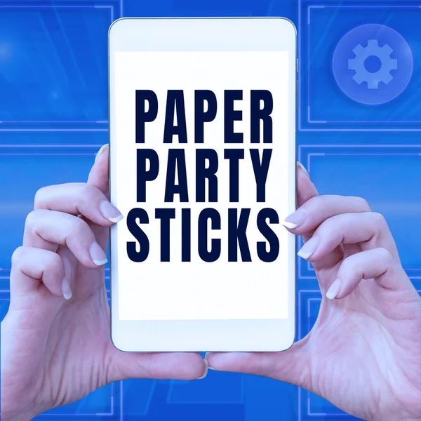 Writing displaying text Paper Party Sticks, Word for hard painted paper shaped used for signs and emoji