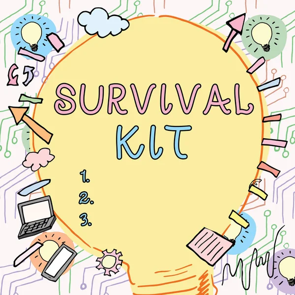 Conceptual display Survival Kit, Business approach Emergency Equipment Collection of items to help someone