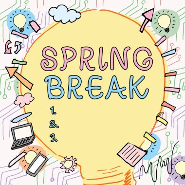 İlham verici bahar tatilini gösteren metin, okulda ve bahar boyunca üniversitelerde İnternet Kavram Tatil Dönemi