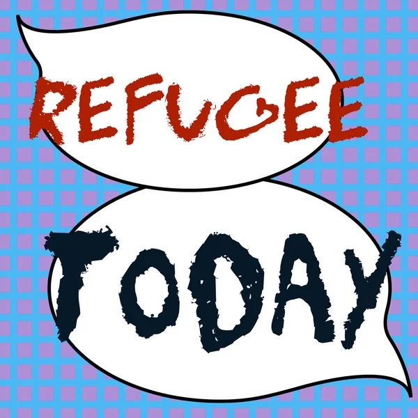 Señal Texto Que Muestra Refugiados Escaparate Negocios Refieren Los Movimientos — Foto de Stock