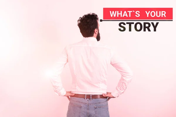 Inspiration Visar Tecken Whats Your Story Business Approach Frågar Någon — Stockfoto