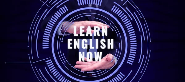Texto Escritura Mano Aprende Inglés Ahora Internet Concept Gana Adquiere — Foto de Stock
