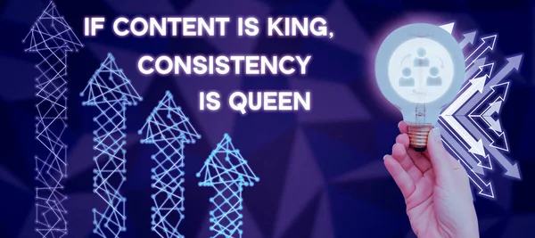 コンテンツが王 一貫性が女王 ビジネスアイデアの言葉何が製品を販売し 良いマーケティングを提供しているかを示すテキスト記号 — ストック写真
