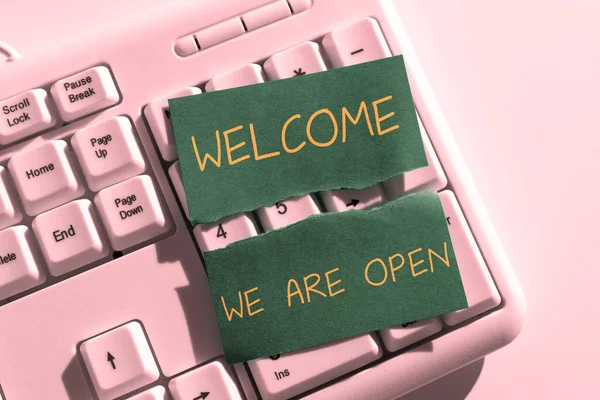Writing displaying text Welcome We Are Open, Business showcase Greeting making part of a work group new people