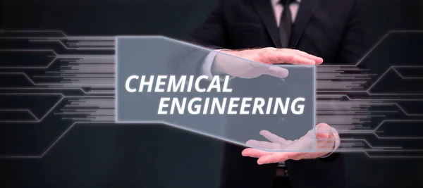 Text caption presenting Chemical Engineering, Word for developing things dealing with the industrial application of chemistry
