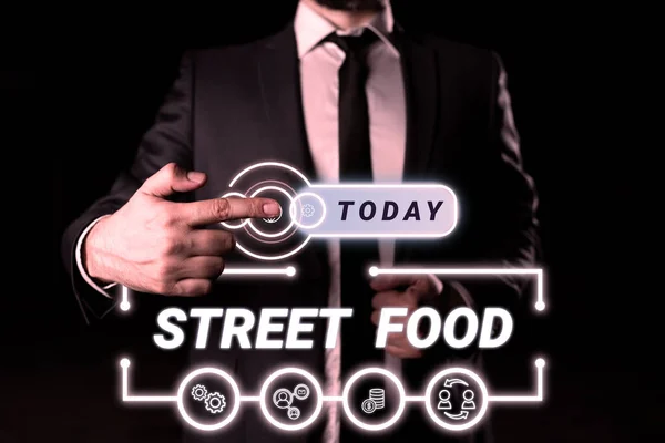 Konzeptionelle Bildunterschrift Street Food Geschäftsidee Gekochtes Essen Das Von Verkäufern — Stockfoto